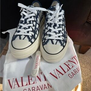 Valentino Garavani Navy Blue and White Totaloop Toile Iconographe Sneakers